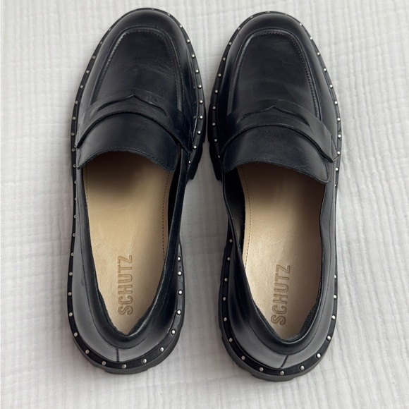 Schutz Christie Studs Black Leather Chunky Y2K Loafers Size 10 Retro - Picture 8 of 13